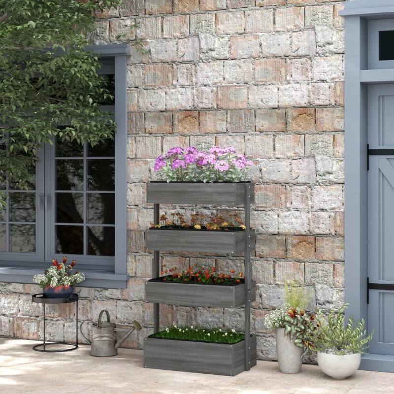 Angle. SlickBlue - 4-Tier Vertical Wooden Planter Box – Raised Bed for Garden, Vegetables, and Flowers - Grey.