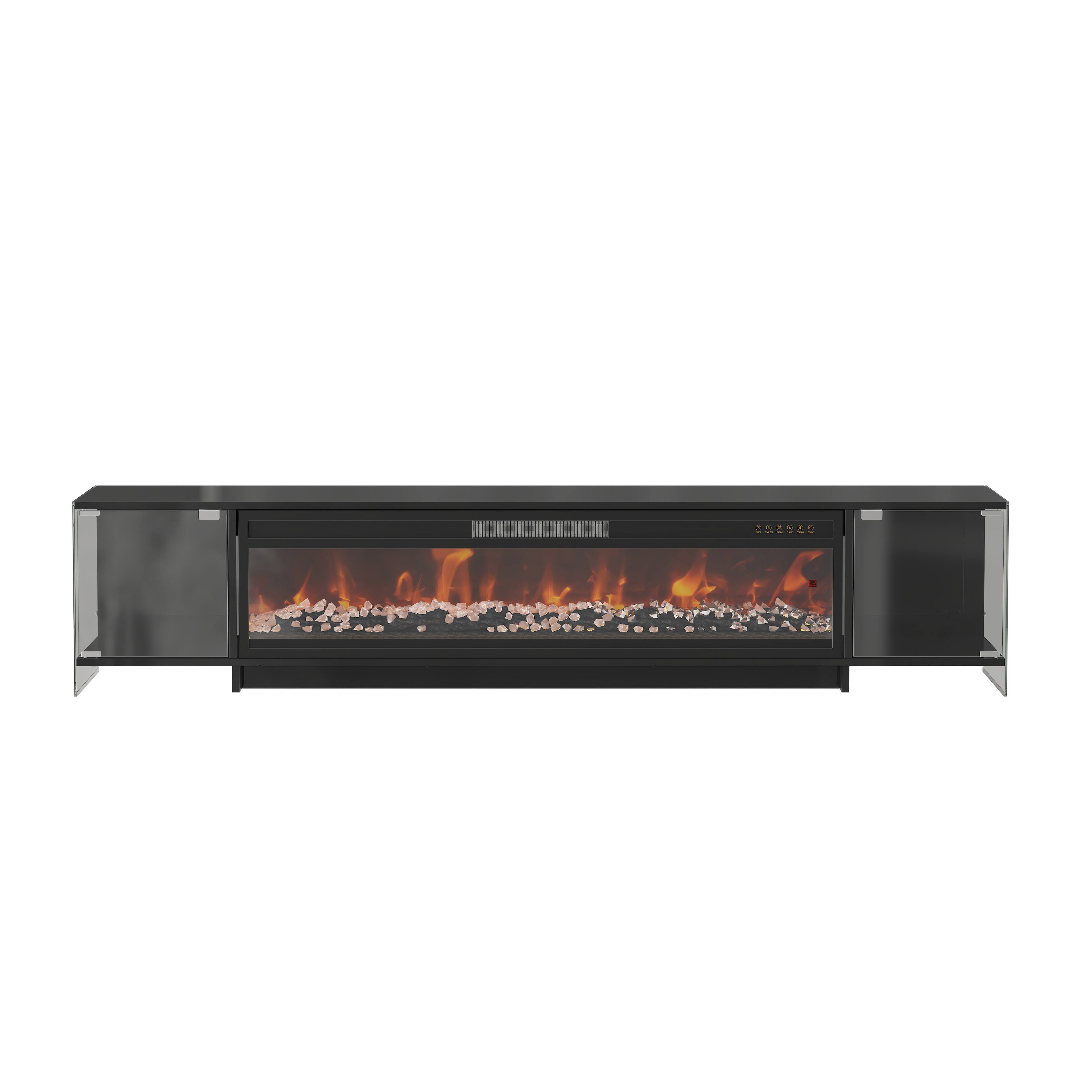 Back. Famapy - 70.9-Inch Fireplace TV Stand with 46-Inch Electric Fireplace, Glass Display Cabinets and 3-Color LED Lights - Black.