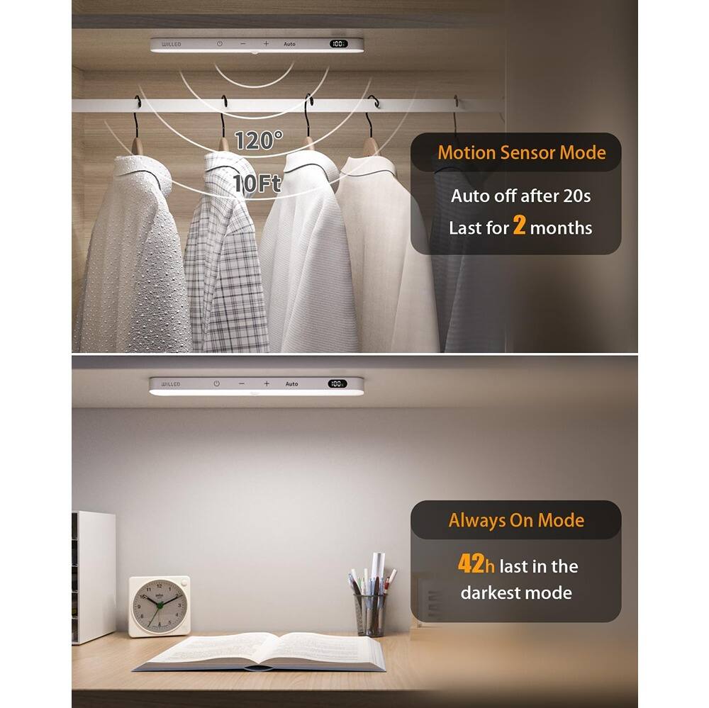 Sure, here is the corrected and grouped text:

---

**Motion Sensor Mode**
- Auto off after 20s
- Last for 2 months

**Always On Mode**
- 42h last in the darkest mode

---

**Additional Information:**
- 120°
- 10Ft