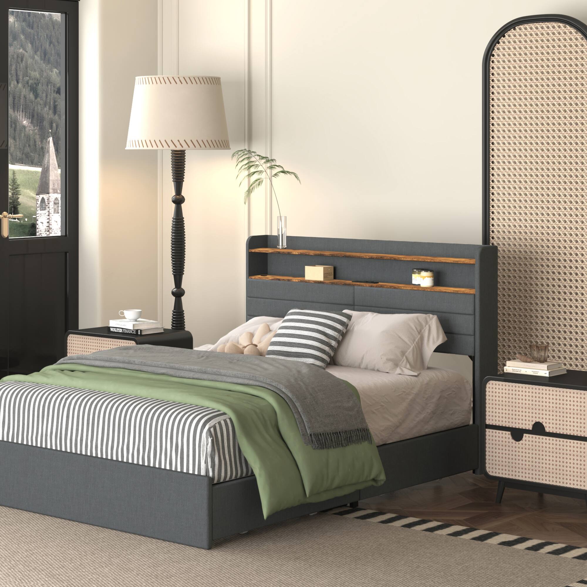 Back. GOODSILO - Upholstered Full Size Bed Frame with Storage Drawers, LED Lighting, and Built-in Charging Station - Black+Gray.