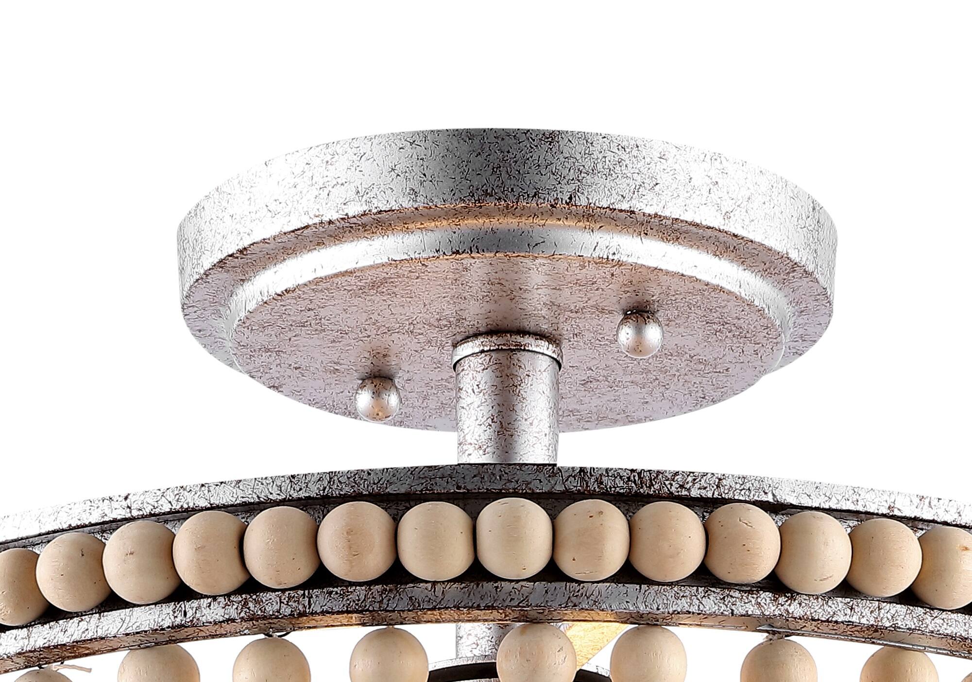 Alt View 4. Jonathan Y - Allie 14" 3-Light Bohemian Farmhouse Wood Bead/Iron LED Semi Flush Mount, Antique Silver/Light Taupe - Antique Silver.