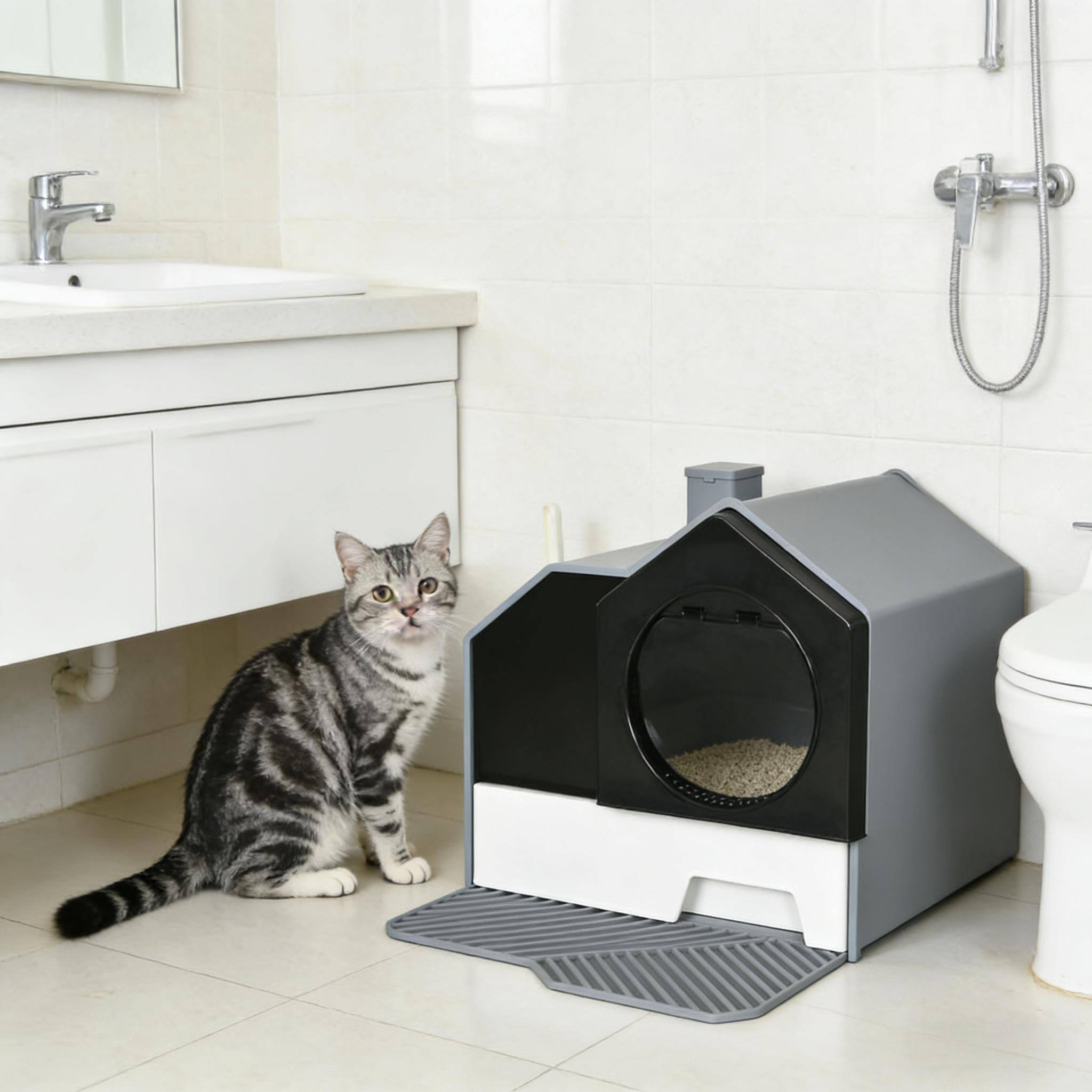 Back. Dexmalle - Dexmalle-Enclosed Cat Litter Box with Open Door,Pad and Scoop-Gray&White - Black+ Gray,White.