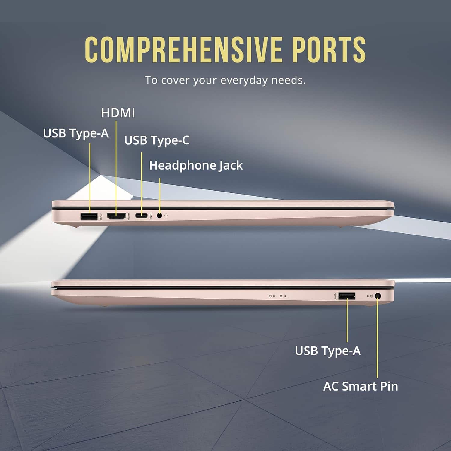 COMPREHENSIVE PORTS
To cover your everyday needs.
HDMI
USB Type-A
USB Type-C
Headphone Jack
USB Type-A
AC Smart Pin