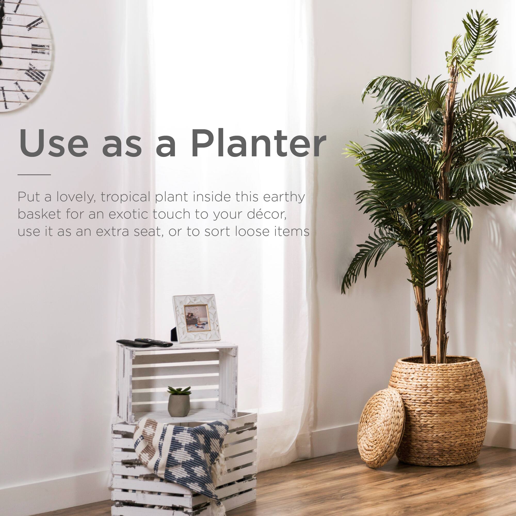 Use as a Planter

Put a lovely, tropical plant inside this earthy basket for an exotic touch to your décor, use it as an extra seat, or to sort loose items.