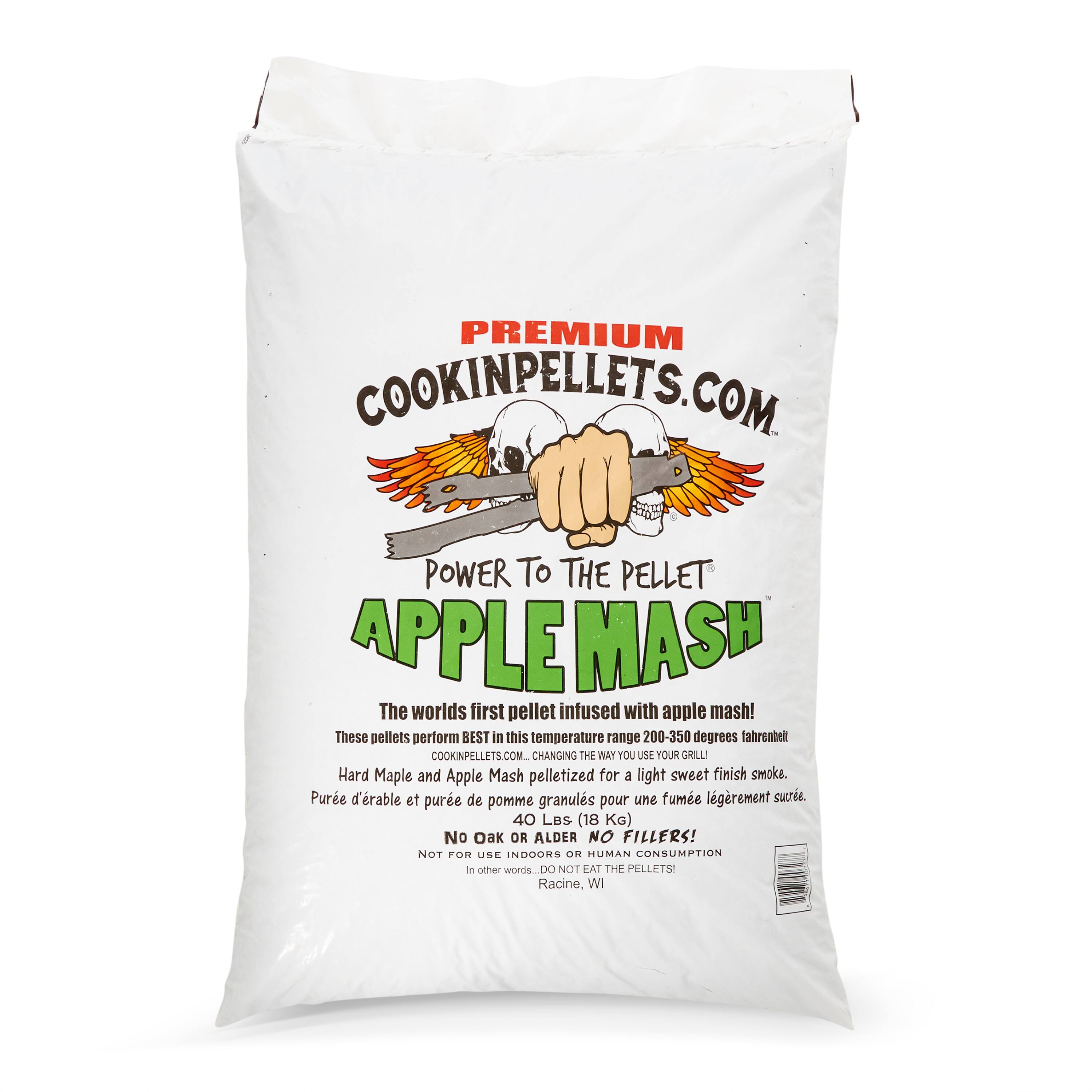 PREMIUM COOKINPELLETS.COM POWER TO THE PELLET APPLE MASH

The world's first pellet infused with apple mash! These pellets perform BEST in this temperature range 200-350 degrees fahrenheit

COOKINPELLETS.COM... CHANGING THE WAY YOU USE YOUR GRILL!

Hard Maple and Apple Mash pelletized for a light sweet finish smoke.

Pure d'erable et purée de pomme pour une fumée légèrement sucrée.

40 Lbs (18 Kg)

No Oak OR ALDER NO FILLERS! NOT FOR USE INDOORS ON HUMAN CONSUMPTION in other words. DO NOT EAT THE PELLETS

Racine, WI