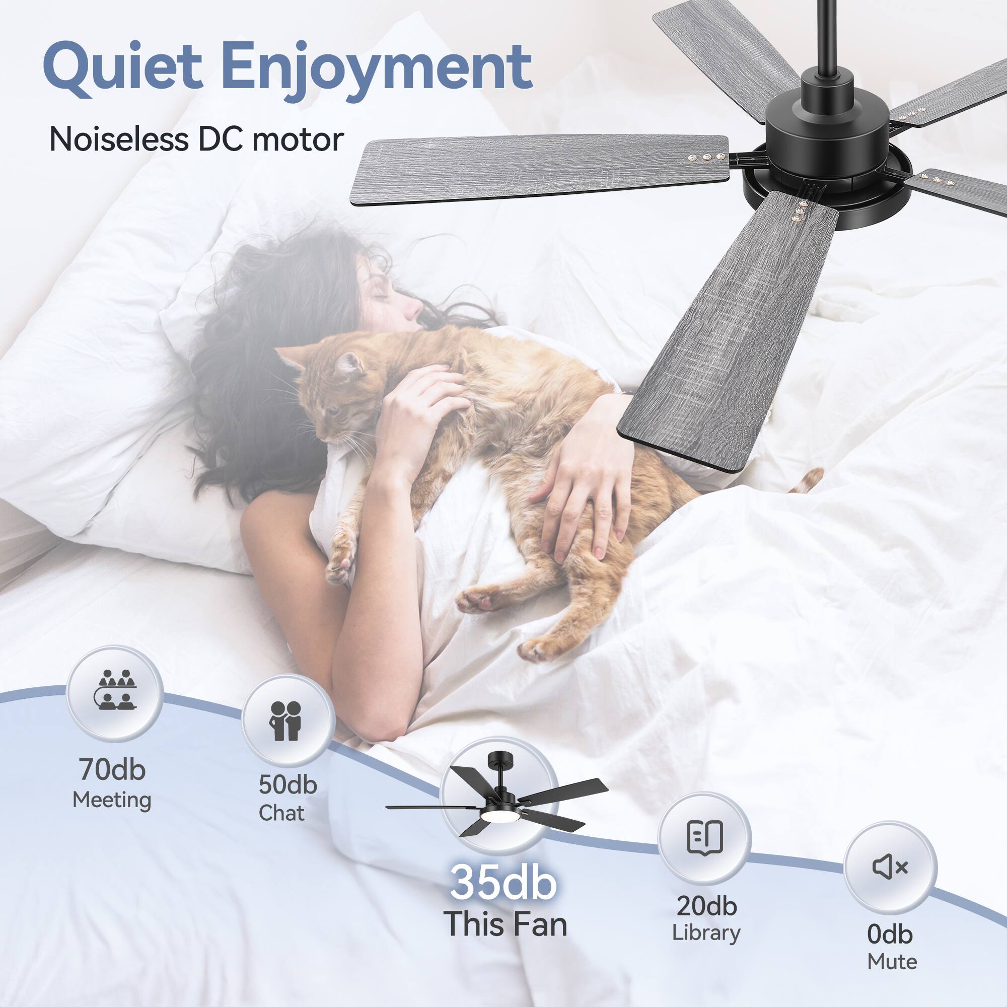 Quiet Enjoyment, Noiseless DC motor, 70db Meeting, 50db Chat, 35db This Fan, 20db Library, 0db Mute