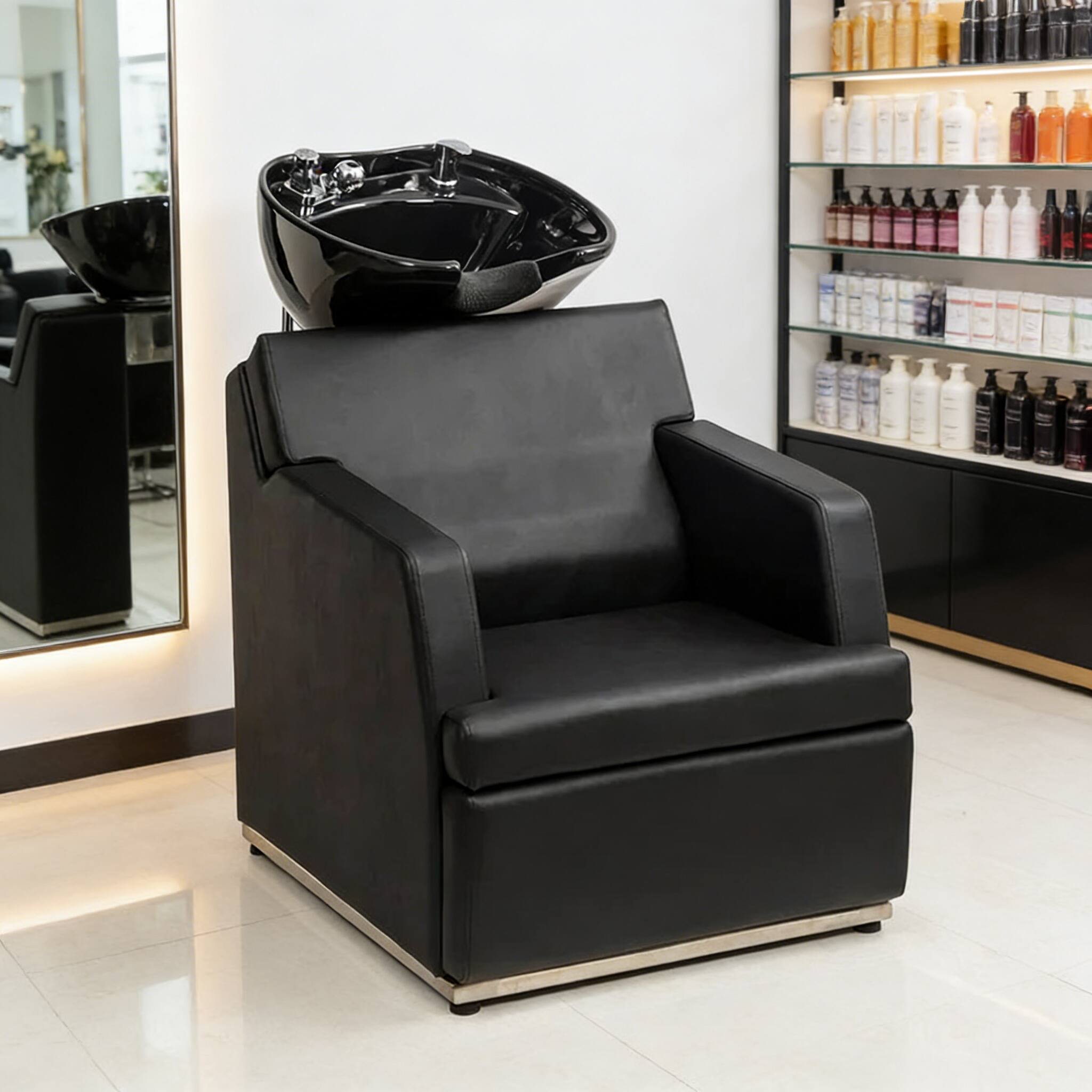 Angle. Winado - Salon Backwash Unit Shampoo Chair with Tilting Porcelain Bowl & Retractable Sprayer & Rubber Neck Rest for Barbershop - Black.