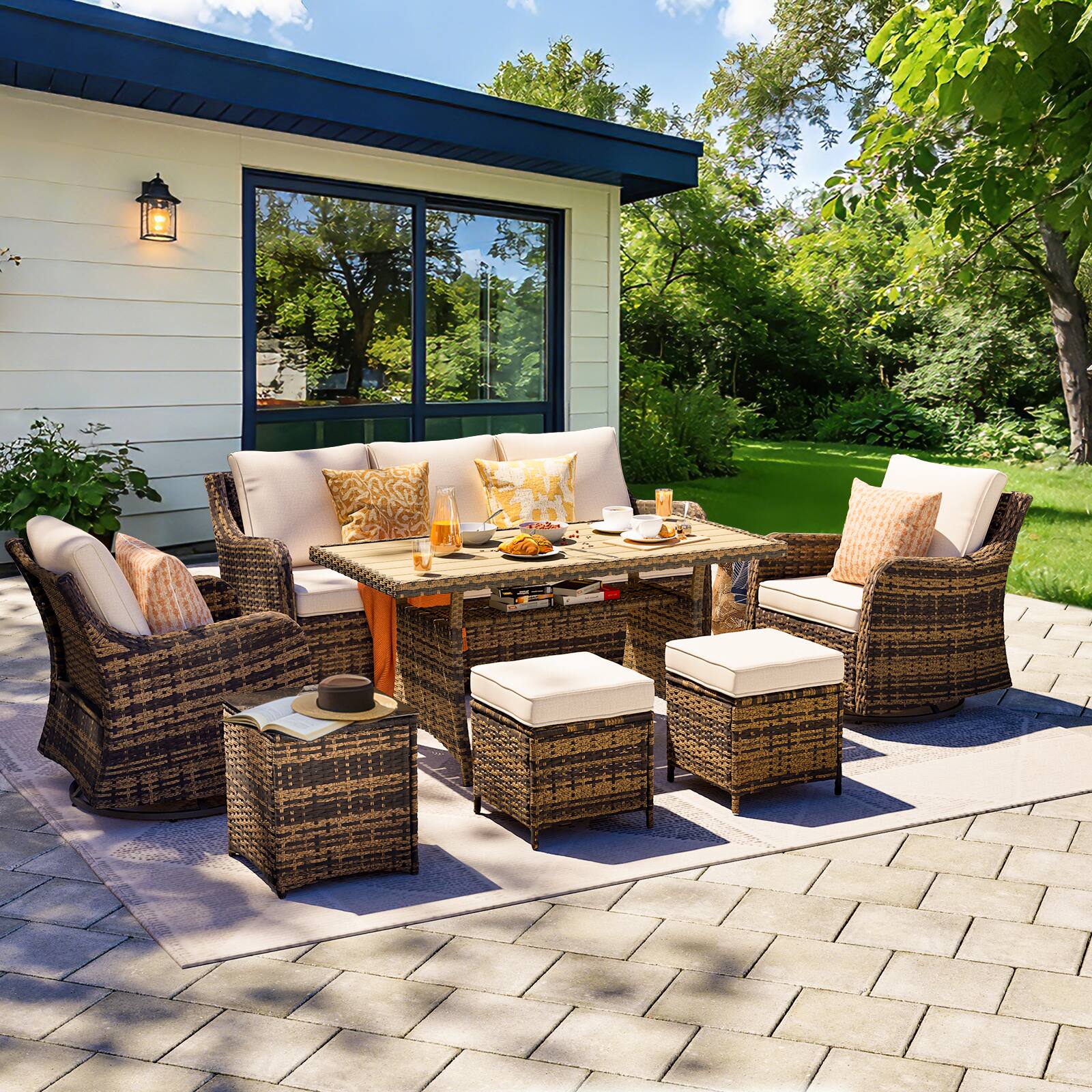 Angle. Yardgrace - 7-Piece Wicker Patio Set w/ Swivel Chairs, Loveseat, 2 Ottomans & Dining Table – Perfect for Relaxing - Brown.