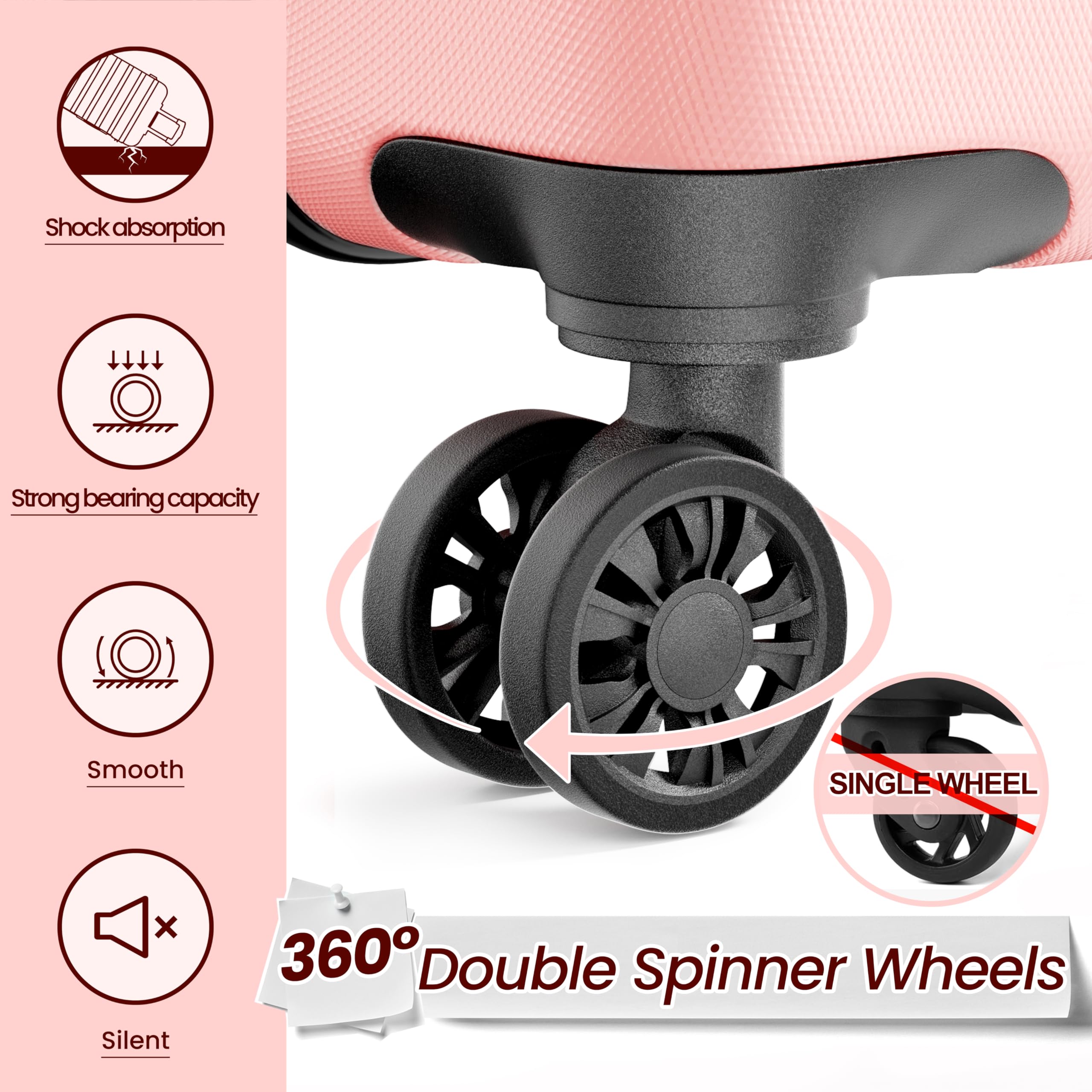 Shock absorption  
Strong bearing capacity  
Smooth  
Silent  
360° Double Spinner Wheels  
SINGLE WHEEL