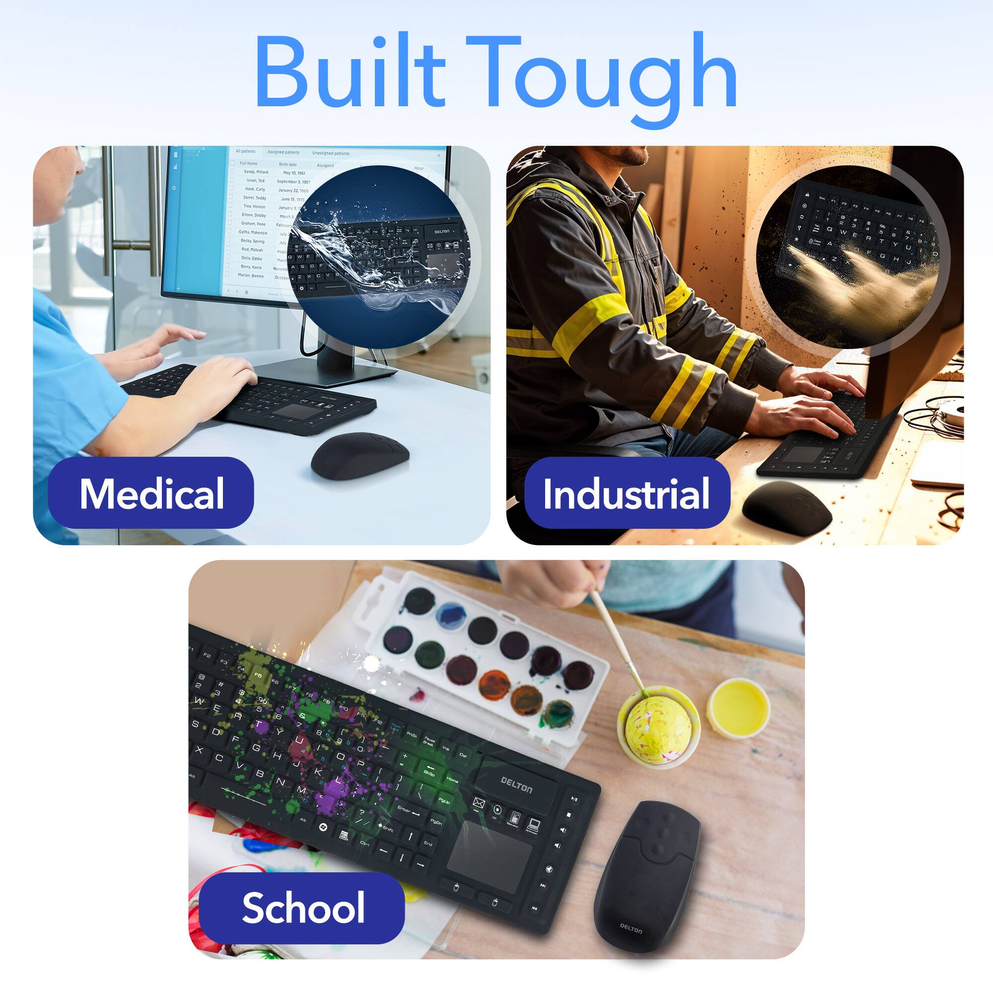 The text in the image is:

- Built Tough
- Medical
- Industrial
- School

The text in the image is:

- Built Tough
- Medical
- Industrial
- School