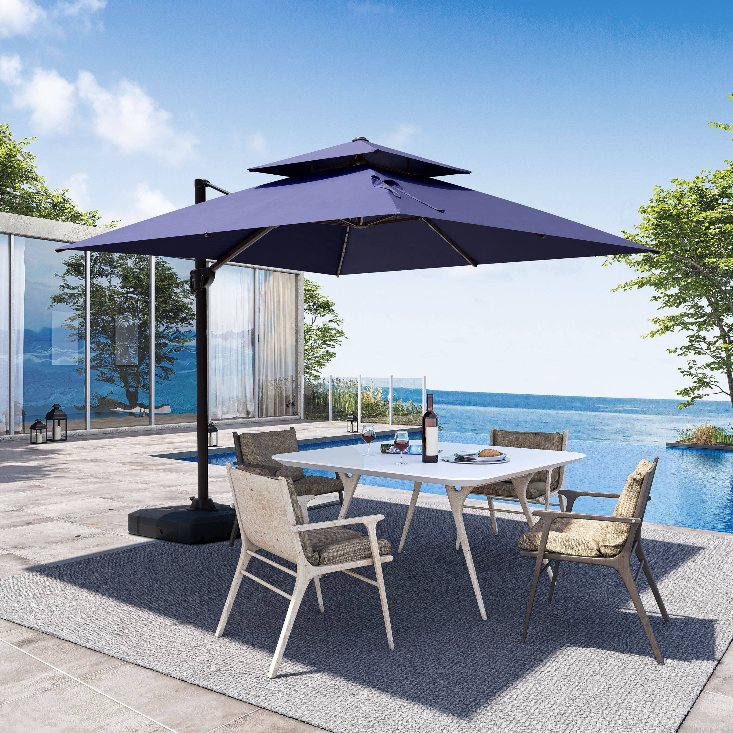 Alt View 5. Crestlive Products - Crestlive Products 10x10ft Aluminum Double Top Crank Cantilever Patio Umbrella with Base - Navy blue.