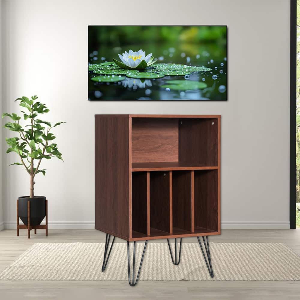 Hivvago - Stylish Turntable Stand with Record Storage and Metal Frame Support - Brown