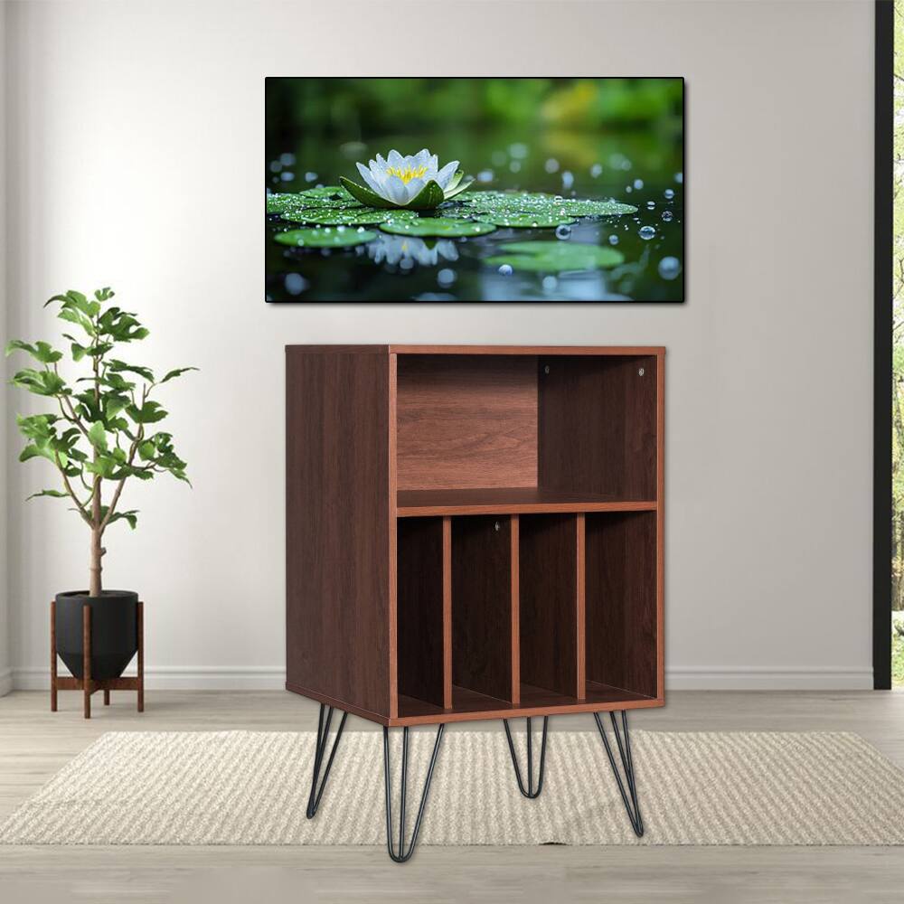 Front. Hivvago - Stylish Turntable Stand with Record Storage and Metal Frame Support - Brown.