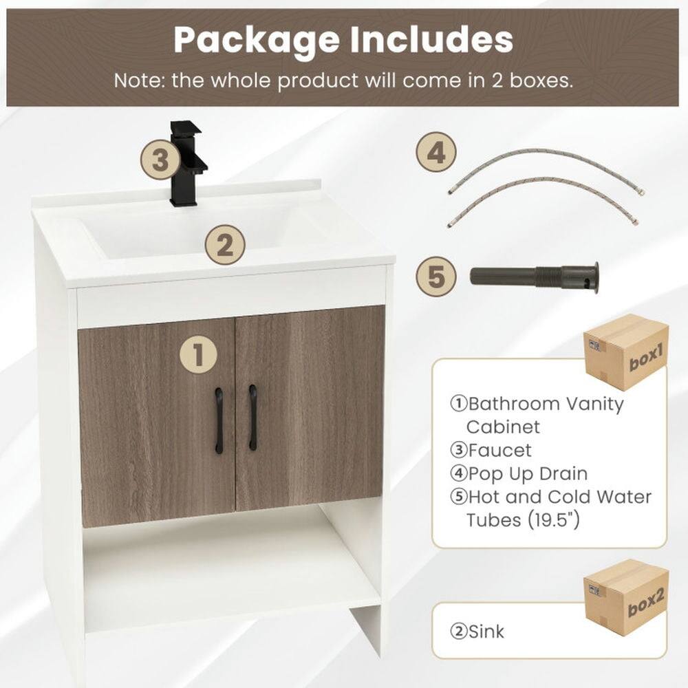 Package Includes  
Note: the whole product will come in 2 boxes.  

box1  
1. Bathroom Vanity Cabinet  
2. Faucet  
3. Pop Up Drain  
4. Hot and Cold Water Tubes (19.5")  

box2  
2. Sink