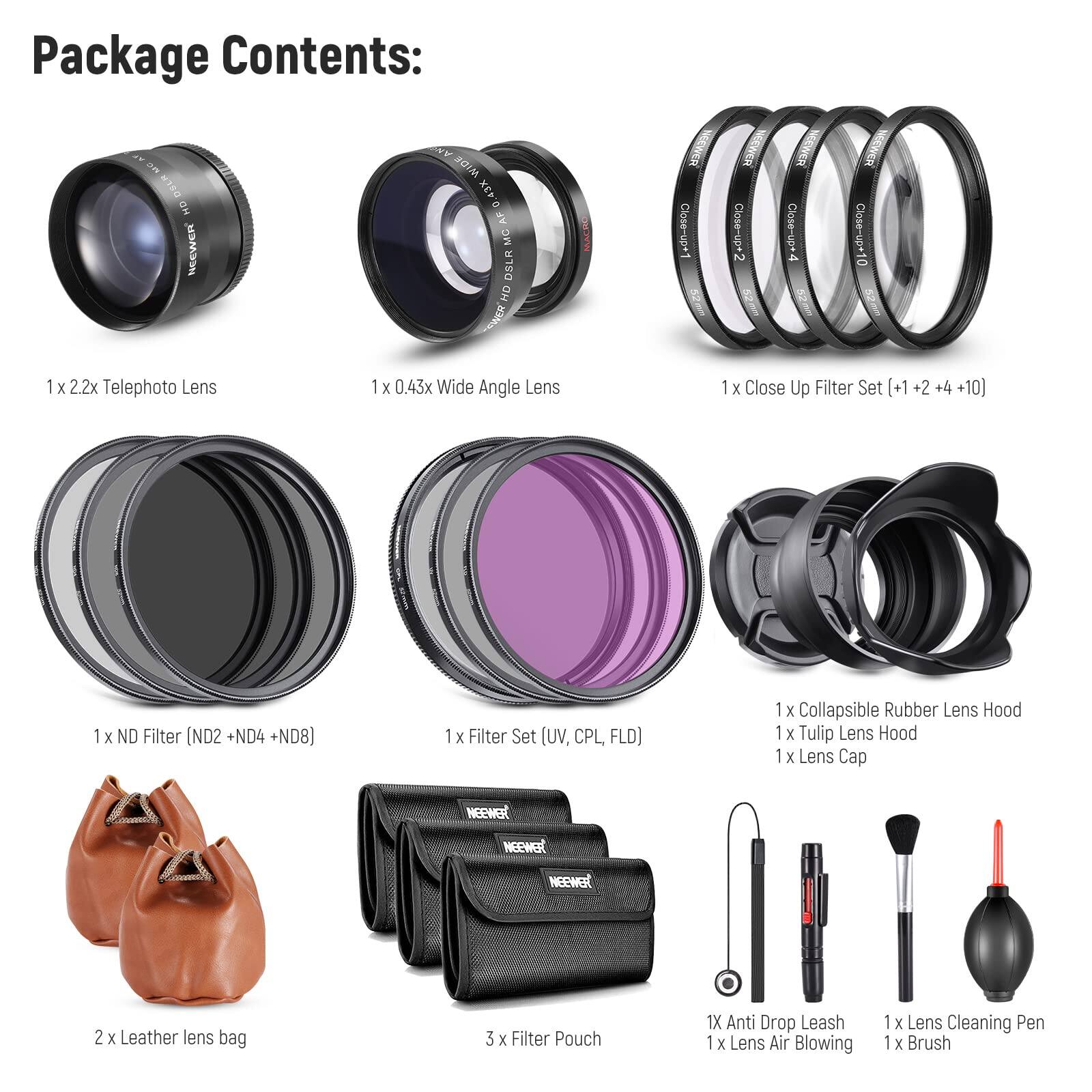 Package Contents:

- 1 x 2.2x Telephoto Lens
- 1 x 0.43x Wide Angle Lens
- 1 x Close Up Filter Set [+1 +2 +4 +10]
- 1 x ND Filter [ND2 ND4 ND8]
- 1 x Filter Set (UV, CPL, FLD)
- 1 x Collapsible Rubber Lens Hood
- 1 x Tulip Lens Hood
- 1 x Lens Cap
- 2 x Leather lens bag
- 3 x Filter Pouch
- 1 x Anti Drop Leash
- 1 x Lens Air Blowing
- 1 x Lens Cleaning Pen
- 1 x Brush