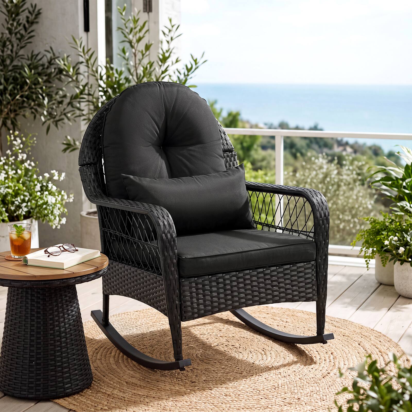 Alt View 3. Costway - Costway 1 PCS Outdoor Wicker Rocking Chair, 400 LBS Patio Rattan Rocker Chair with Thick Cushions - Black.