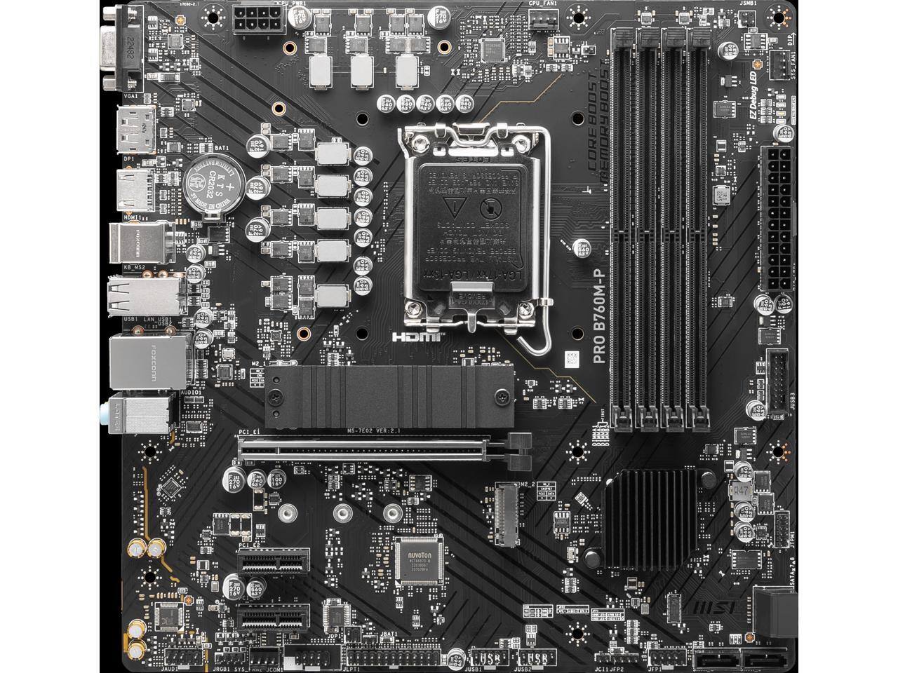 Sure, here is the corrected and grouped text from the image:

---

**Top Left:**
- CPU_FAN1 JSM1 22482 VAI 3 OF1 MNT
- BATS AIE K CR2032
- 5 i I ar aSPE 1 E 31 I1 O0S CORE MEMORY CEF EZDebugLED Ee
- KBRS2 A USBT T2 LAN 5B1 Foxconn AUDSOS N .T TuA a T Inial 29-:97 2-V9 BAEK HOM 2aR B760M-P PRO

**Top Right:**
- PC1 E NS-7E02 VER-E 1 22
- nuvoton 00+0O0 HISI JRGBS AP1 HS5 US8: CHSB usa JCILurP2

**Center:**
- CPU_FAN1
- CPU_FAN2
- CPU_FAN3
- CPU_FAN4
- CPU_FAN5
- CPU_FAN6
- CPU_FAN7
- CPU_FAN8
- CPU_FAN9
- CPU_F