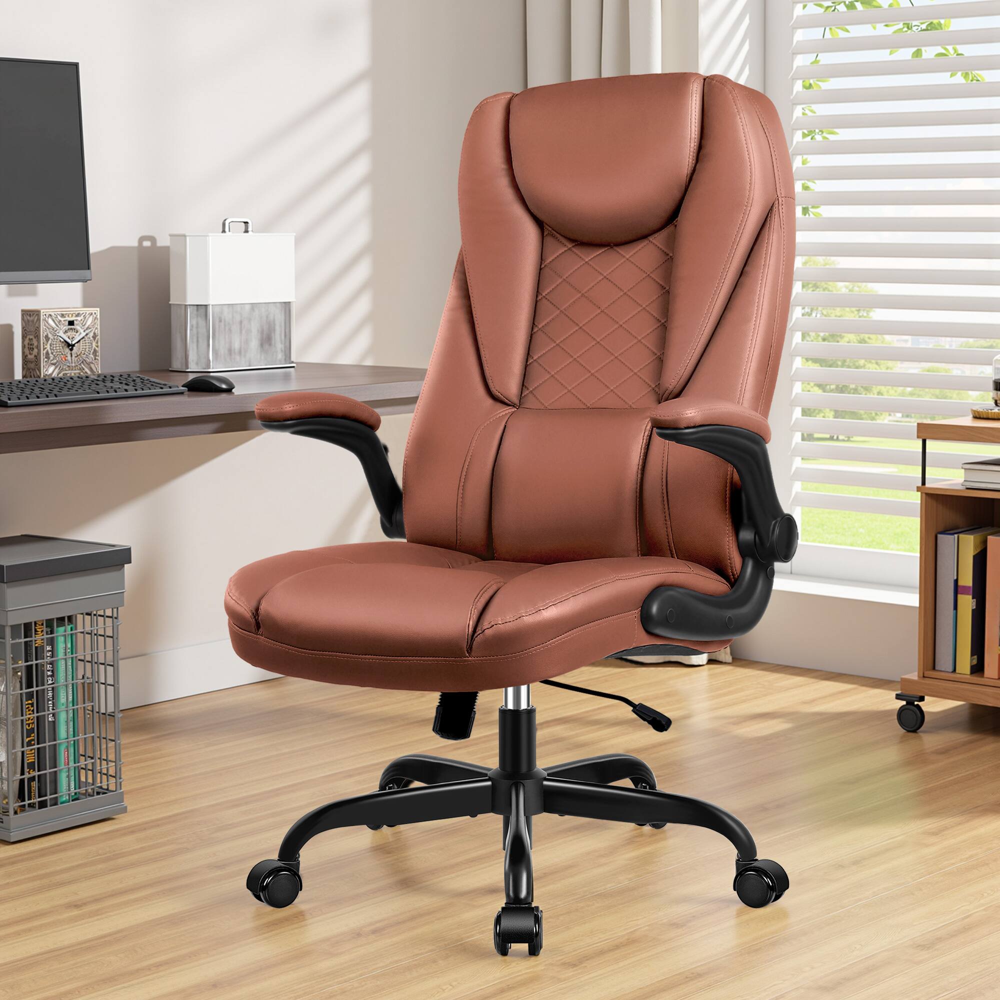 Front. KERDOM - Ergonomic PU Leather Chair with Flip-Up Arms, Executive Manager Chair, High Back Home Office Desk Chair Computer Chair - Brown.