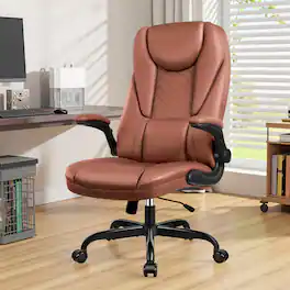 KERDOM - Ergonomic PU Leather Chair with Flip-Up Arms, Executive Manager Chair, High Back Home Office Desk Chair Computer Chair - Brown