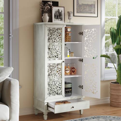 Angle. LUCKY ONE - 55in Freestanding Tall Storage Cabinet with Drawer Carved Doors Solid Wood Legs for Living Room Hallway - Antique grey white.