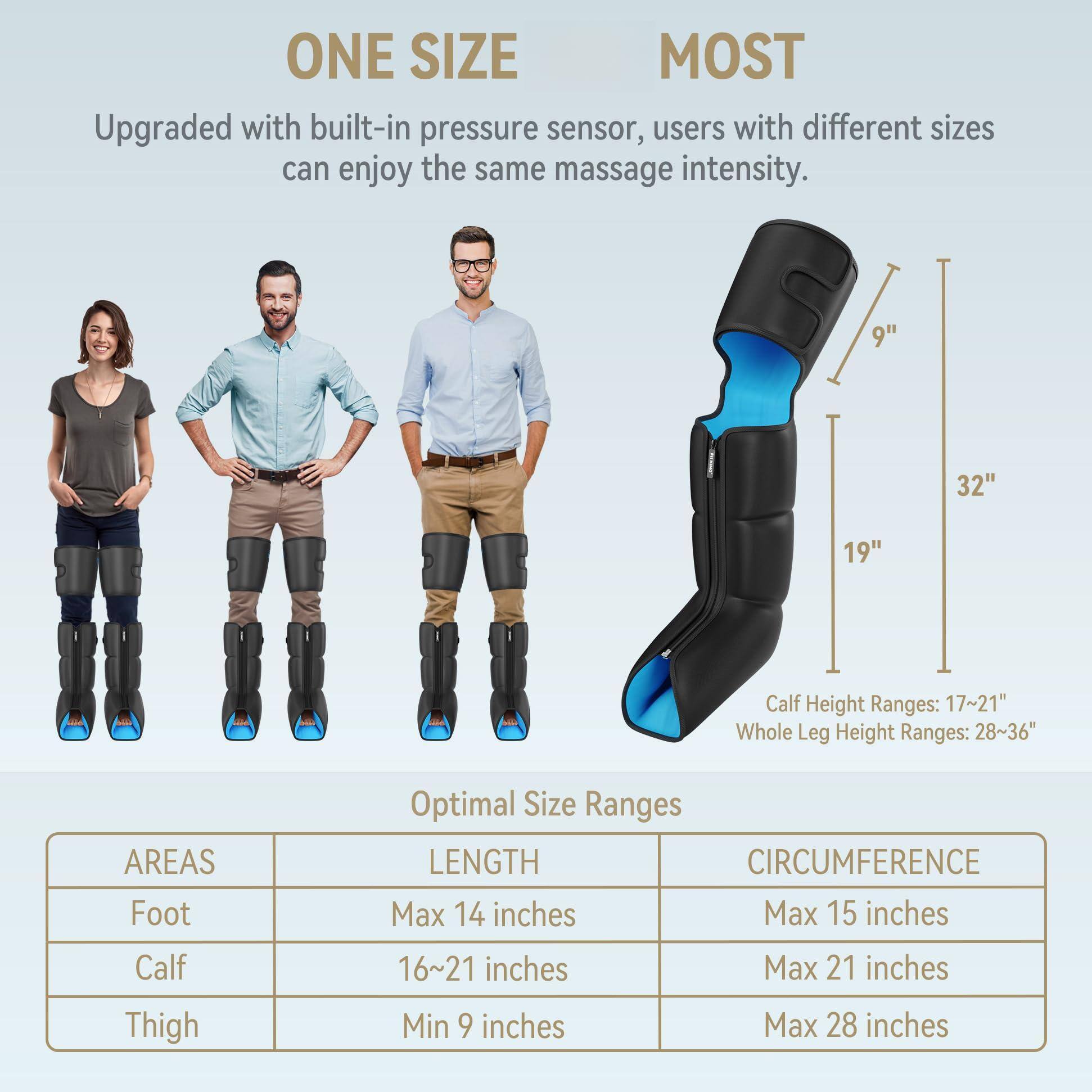 **ONE SIZE MOST**

Upgraded with built-in pressure sensor, users with different sizes can enjoy the same massage intensity.

**Optimal Size Ranges**

| AREAS   | LENGTH          | CIRCUMFERENCE |
|---------|-----------------|---------------|
| Foot    | Max 14 inches   | Max 15 inches |
| Calf    | 16~21 inches    | Max 21 inches |
| Thigh   | Min 9 inches    | Max 28 inches |

**Calf Height Ranges:** 17~21"  
**Whole Leg Height Ranges:** 28~36"  

- 9"  
- 19"  
- 32"