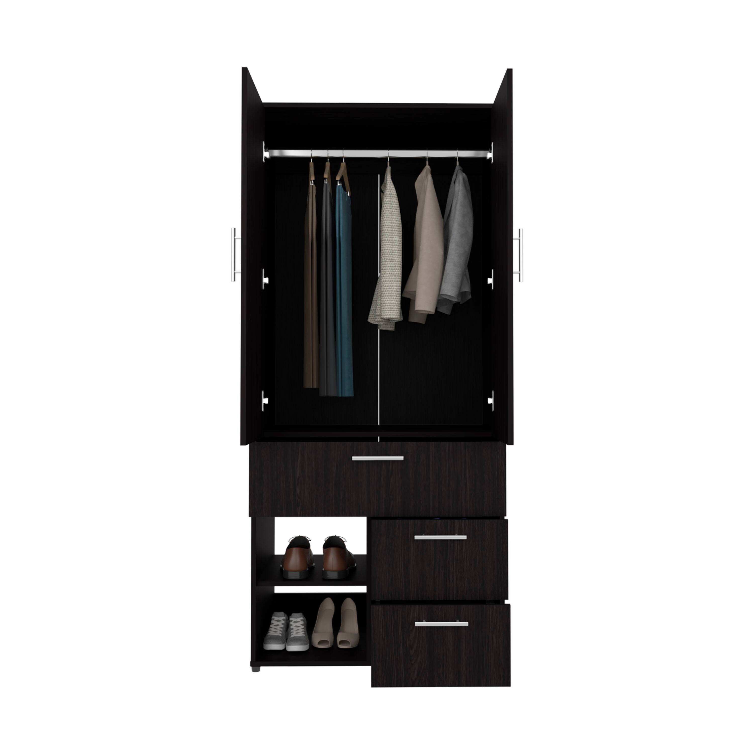 Angle. TuHome - Alpine Armoire With Double Doors, Internal Shelves And Hanging Rod - Black.