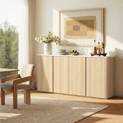 Front. ModernMate - 67"W Modern Sideboard Buffet Cabinet Faux Travetine Kitchen Dining Storage with 4 Cabinets & Adjustable Shelves - Natural Oak.