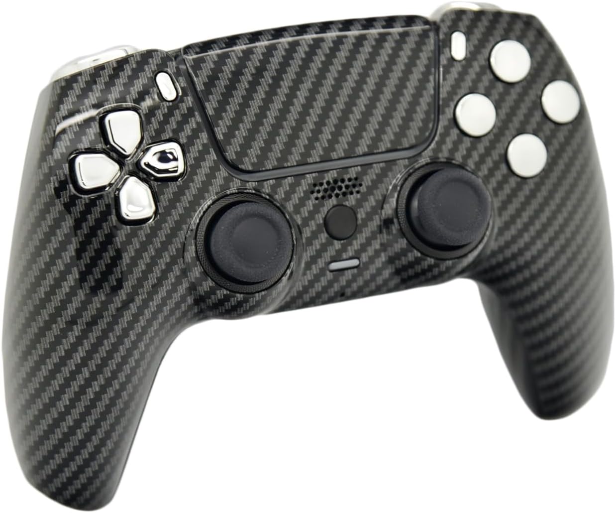 Left. Custom Controllerzz - Custom Wireless Controller for PS5 - Glossy Carbon Fiber & Silver Chrome Inserts.