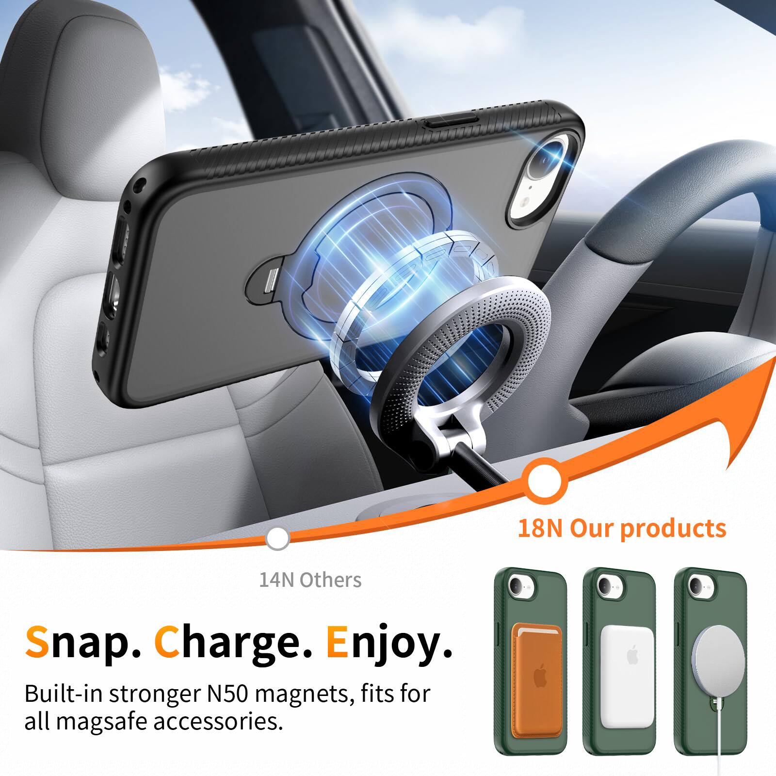 18N Our products  
14N Others  
Snap. Charge. Enjoy.  
Built-in stronger N50 magnets, fits for all mag safe accessories.