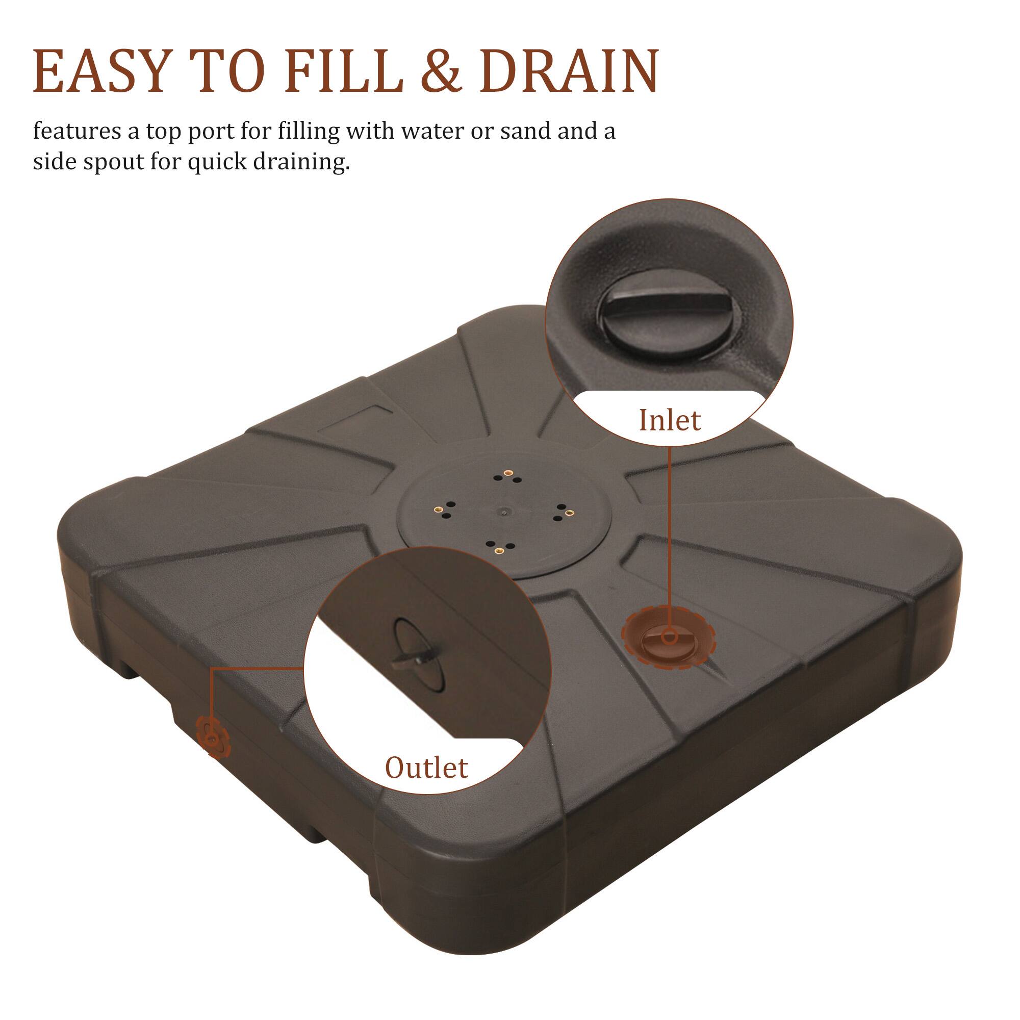 EASY TO FILL & DRAIN

features a top port for filling with water or sand and a side spout for quick draining.

Inlet  
Outlet