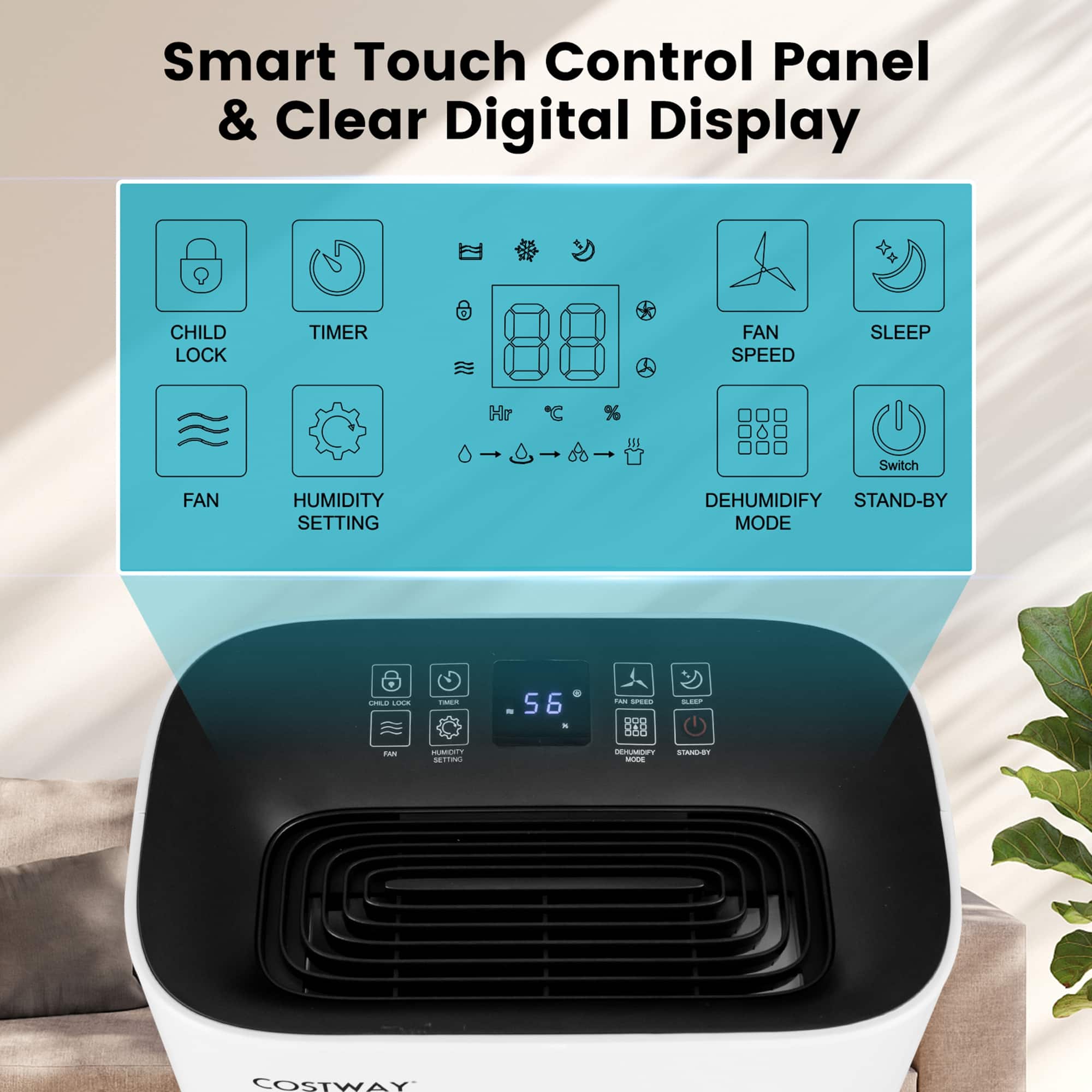 Smart Touch Control Panel & Clear Digital Display:
* Child Lock
* Timer
* Fan Speed
* Sleep Mode
* Fan Humidity Setting
* Dehumidify
* Stand-by Mode
* Costway