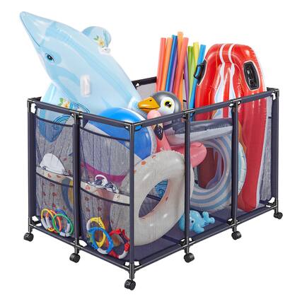 Front. VEVOR - Pool Storage Bin, 48.8 x 32.7 x 32.7 in, Rolling Pool Float Storage Organizer with Side Pockets & Casters - Black Frame, Black Connectors & Blue Mesh Fabric.