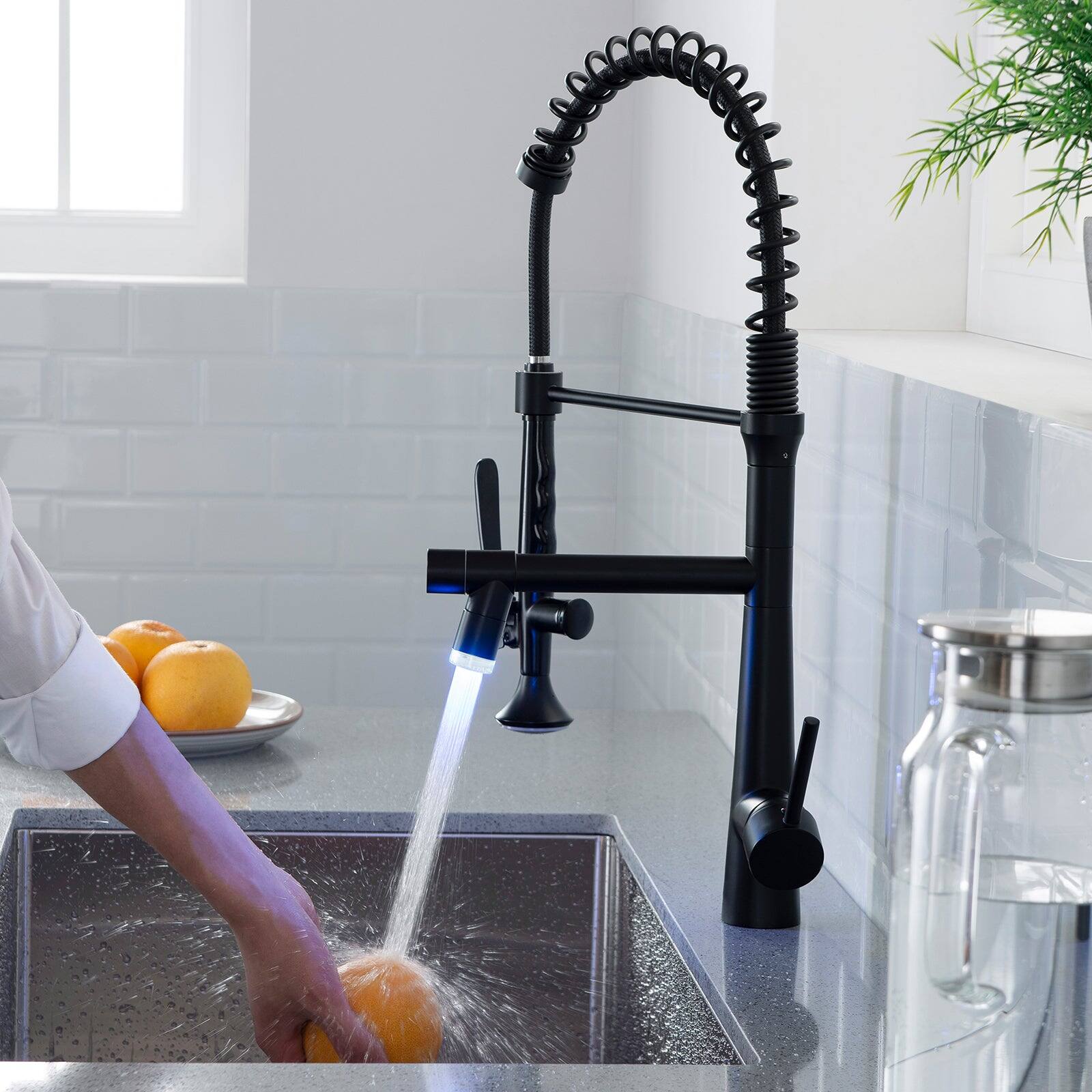 Alt View 3. Boyel Living - Matte Black Single Handle No Sensor Pull Down Sprayer LED Kitchen Faucet - Matte Black - LED.