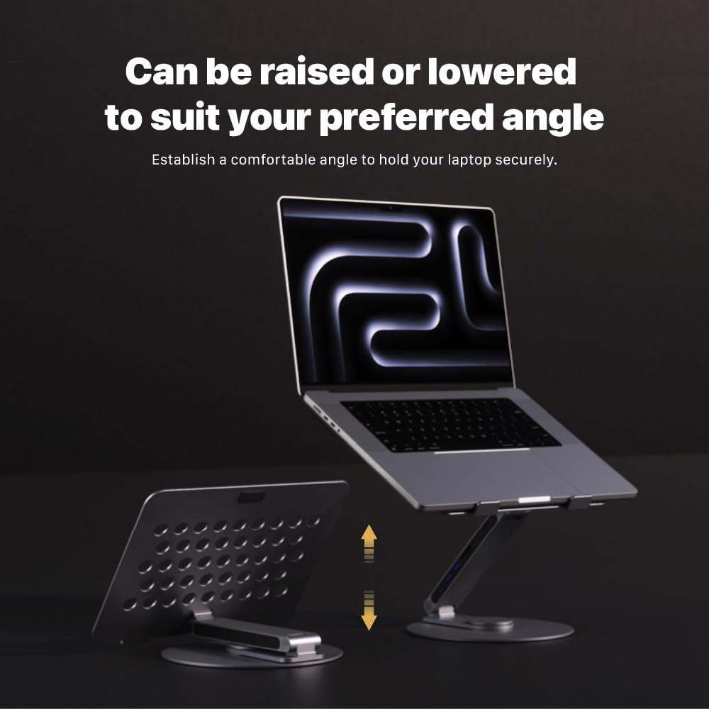 Can be raised or lowered to suit your preferred angle.  
Establish a comfortable angle to hold your laptop securely.