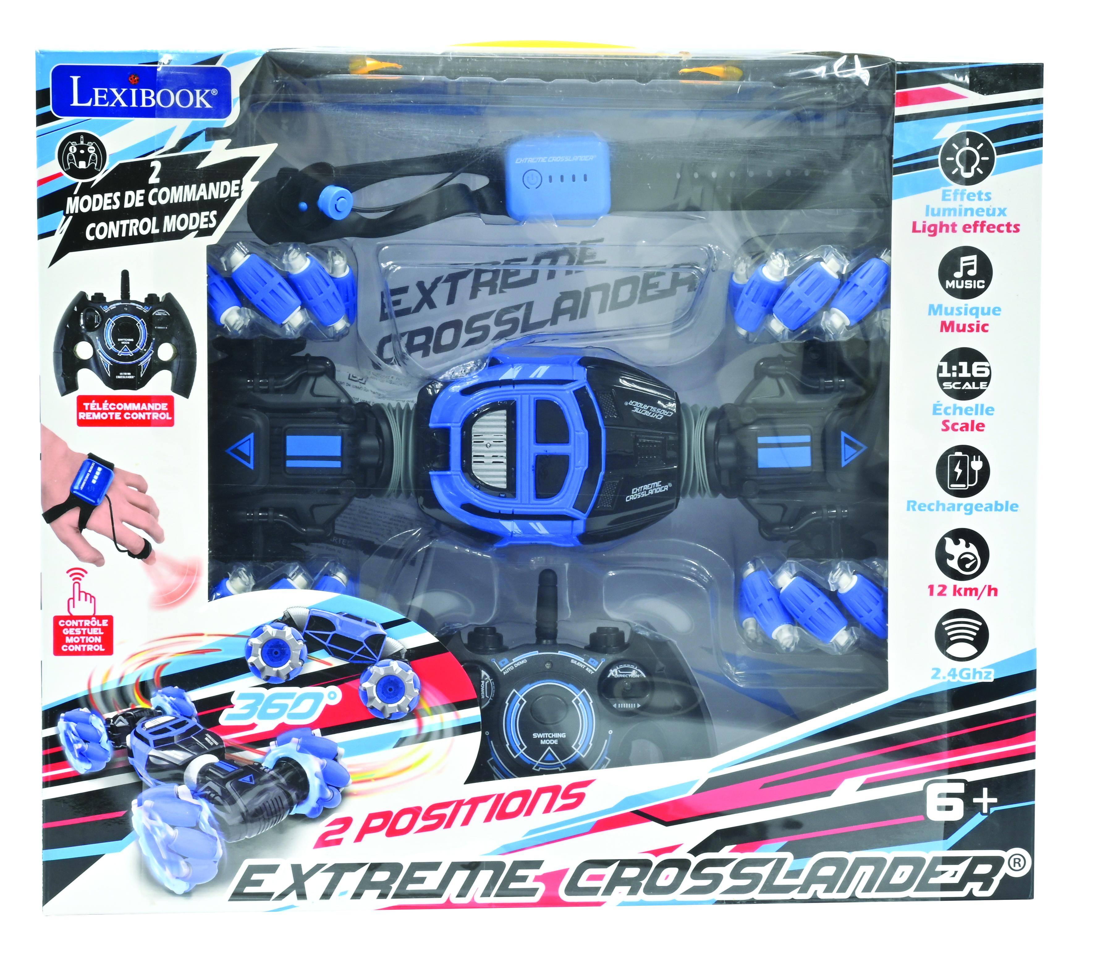 LEXIBOOK AR CE - 2 MODES DE COMMANDE CONTROL MODES CROSSLANDER EXTREME  
TLCOMMANDE AN REMOTE CONTROL  
Effets lumineux Light effects  
MUSIC Musique Music  
1:16 SCALE chelle Scale  
Rechargeable  
12 km/h  
CONTROLE DESTURL MOTION CONTIOL 2.4Ghz  
360° - - A POSITIONS  
6+ + 2 EXTREME CROSSLANDER