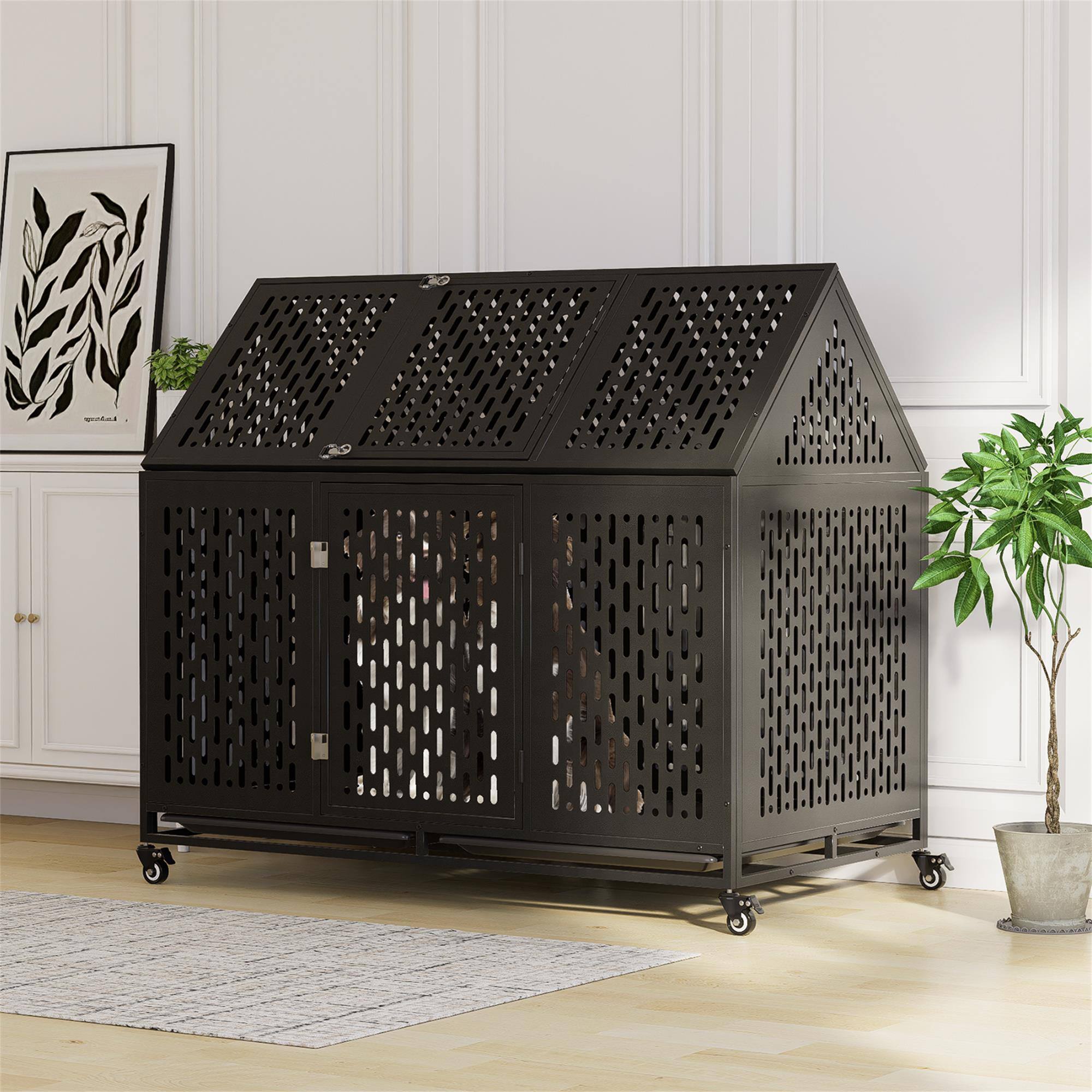 Alt View 2. Boyel Living - Black 52 Inches Heavy Duty Dog Crate with Roof Top with Iron - Black.