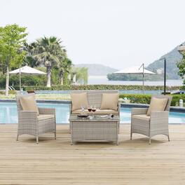 Bridge 4 Piece Outdoor Patio Patio Conversation Set with Pillow Set by Modway - Light Gray Beige