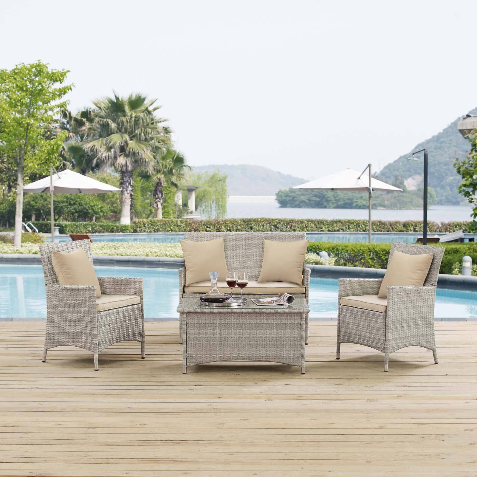 Front. Modway - Bridge 4 Piece Outdoor Patio Patio Conversation Set with Pillow Set by Modway - Light Gray Beige.