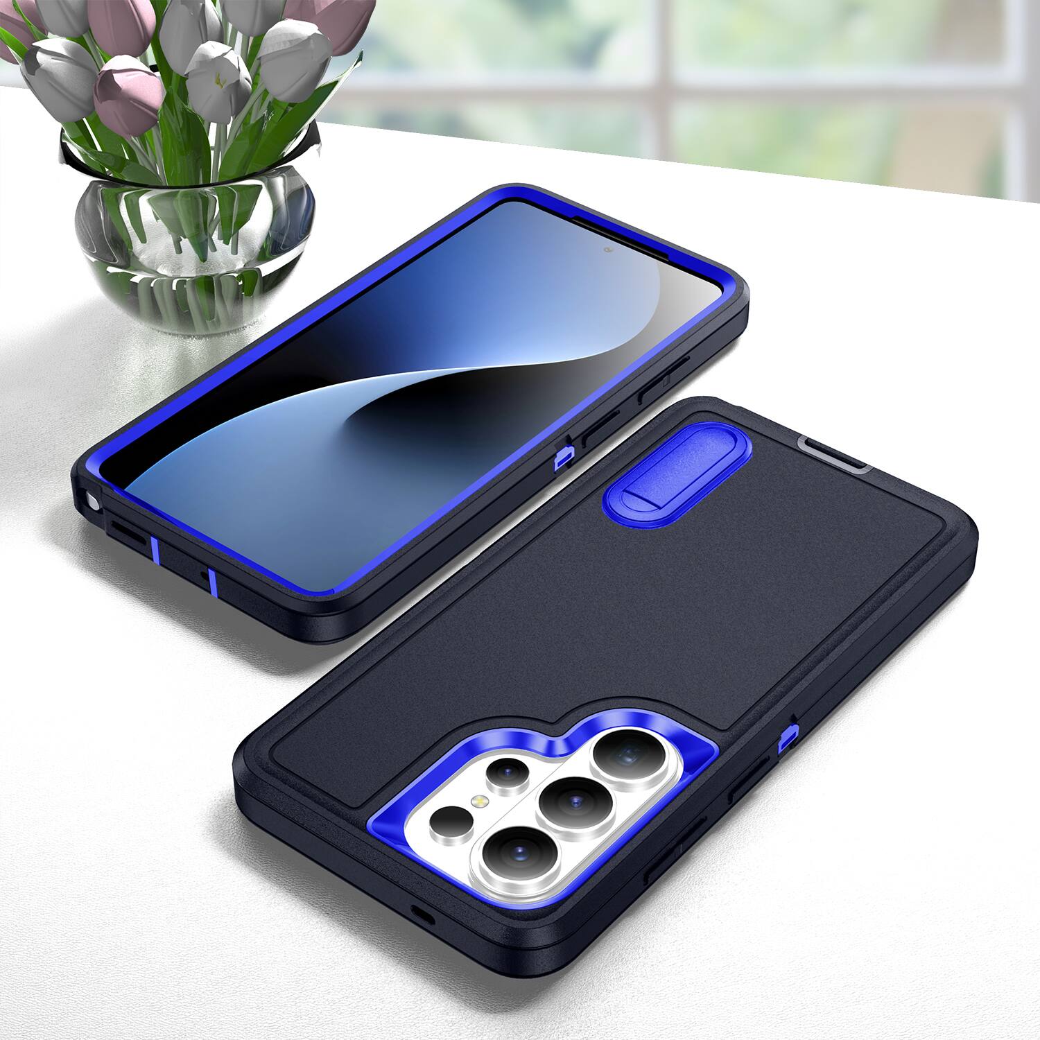 Alt View 3. Dteck - Heavy Duty Case for Samsung Galaxy S26 Ultra w/ Foldable Kickstand,Dual-Layer Shockproof Hard PC Soft Silicone Cover - Darkblue/Blue.