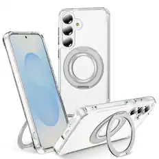 Front. Alpha Digital - Full Protective SAMSUNG Galaxy S25 PLUS Case w/ Magnetic Rotatable Ring Stand- Soft Flex-360 shockproof - CLEAR.