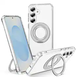 Alpha Digital - Full Protective SAMSUNG Galaxy S25 PLUS Case w/ Magnetic Rotatable Ring Stand- Soft Flex-360 shockproof - Clear