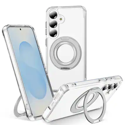 Front. Alpha Digital - Full Protective SAMSUNG Galaxy S25 Case w/ Magnetic Rotatable Ring Stand- Soft Flex -360 Shockproof - CLEAR.