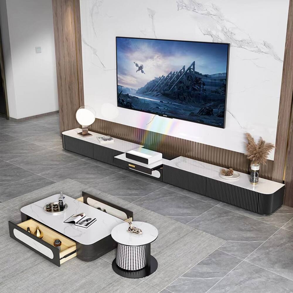 Left. POVISON - 125" Modern TV Stand for Projector, Sintered Stone TV Cabinet with Drawers for Home Theater, Black & White - White & Black.