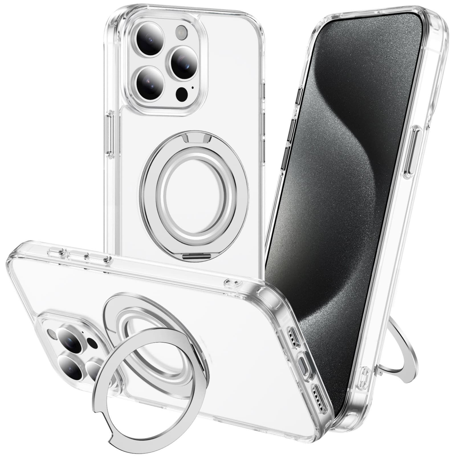 Alpha Digital - Full Protective iPhone 15 Case PRO MAX w/ Magnetic Rotatable Ring Stand- Soft Flex -360 shockproof - Clear