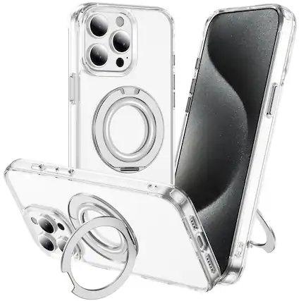 Front. Alpha Digital - Full Protective iPhone 15 Case PRO MAX w/ Magnetic Rotatable Ring Stand- Soft Flex -360 shockproof - CLEAR.