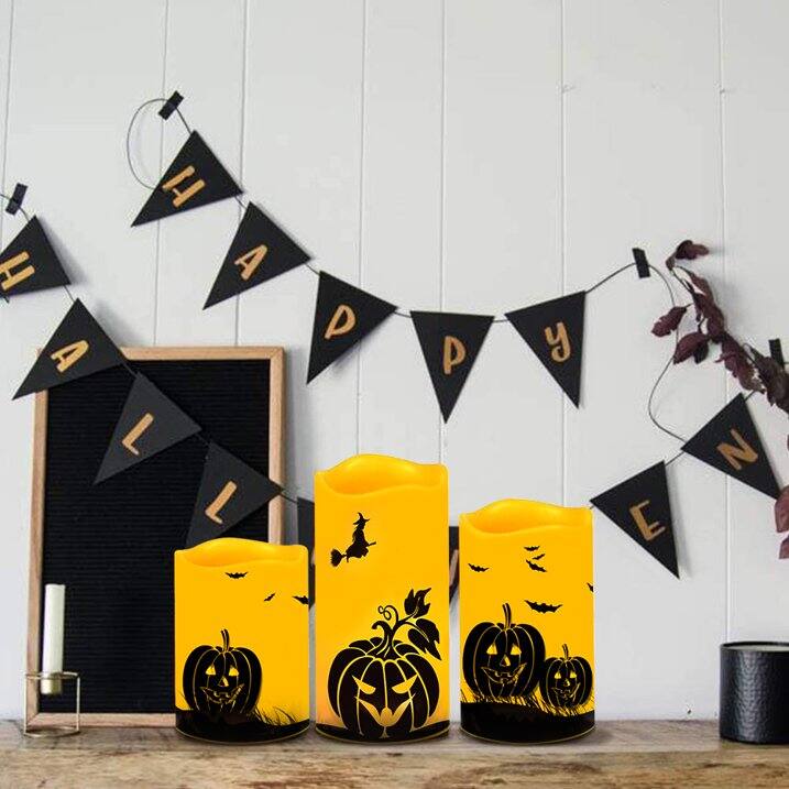 Left. MOVSSOU - Halloween Flameless Candles Flickering Remote Timer Battery Operated 3 Pumpkin Halloween Decoration - yellow.