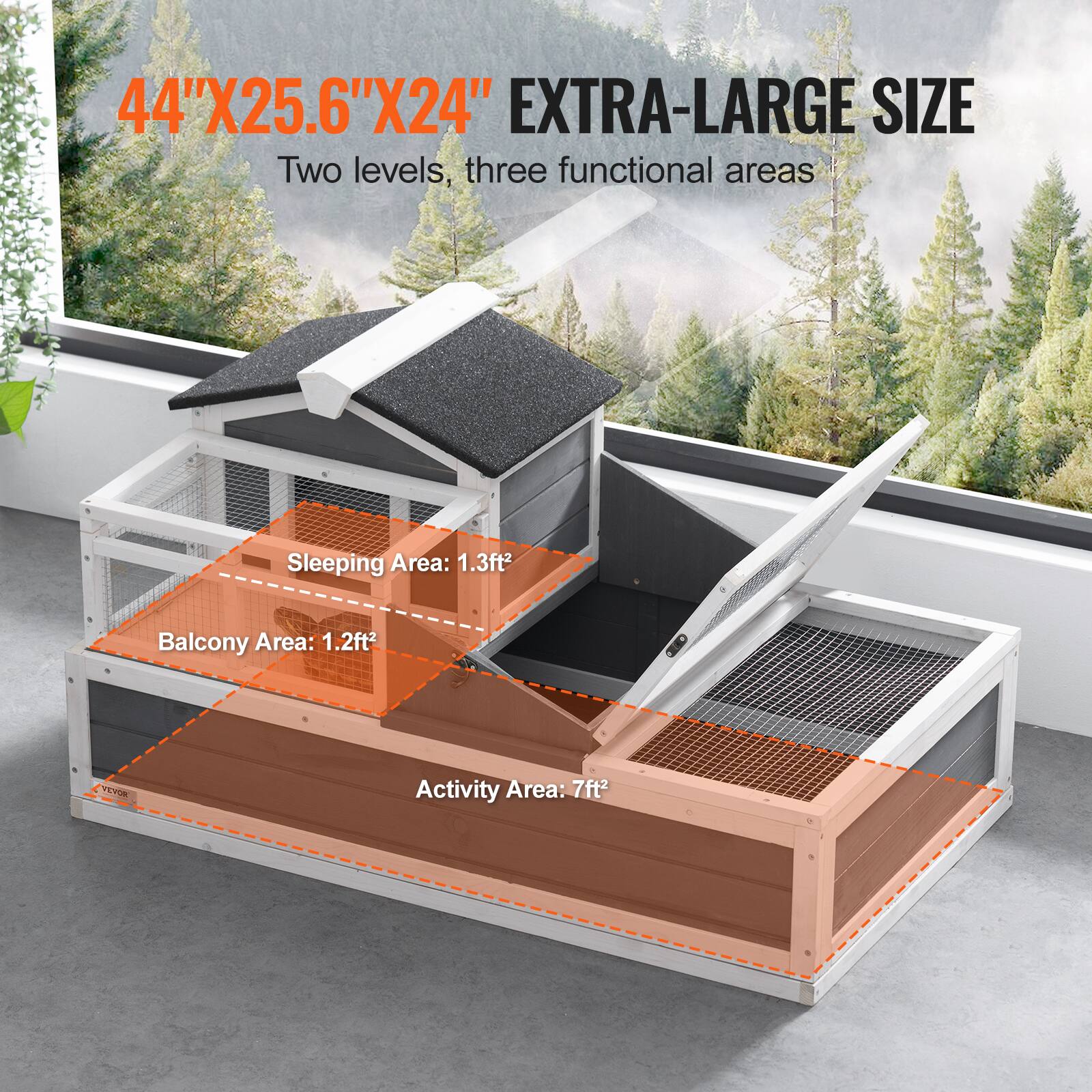 44"X25.6"X24" EXTRA-LARGE SIZE  
Two levels, three functional areas  

Sleeping Area: 1.3ft²  
Balcony Area: 1.2ft²  
Activity Area: 7ft²