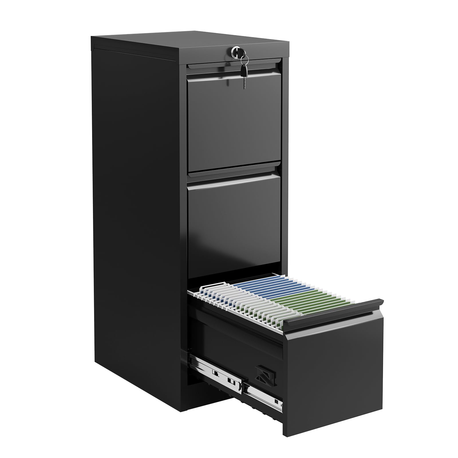 Front. Jojoka - 3-Drawer Metal File Cabinet with Lock, Narrow Vertical Filing Cabinet for Letter/Legal/A4 Files - Black.