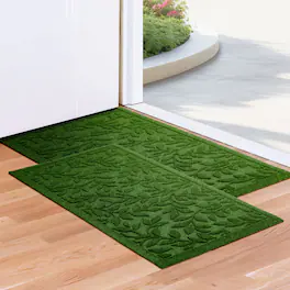 G128 - Combo Door Mats, Leaf Pattern - 17x29.5 in & 23x35 in, Non-Slip Rubber Backing - Green