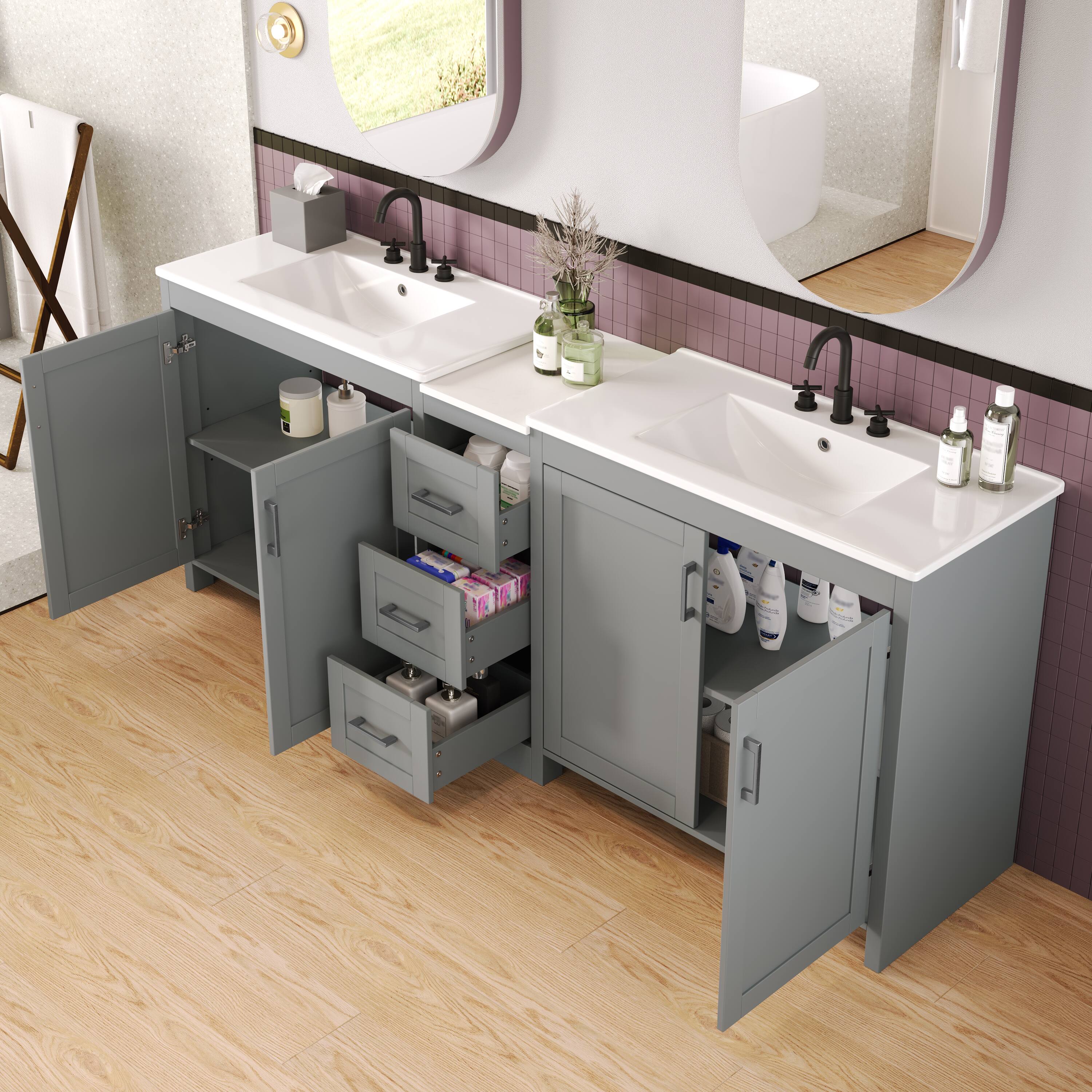 Alt View 2. Loheer - 7 ft Double Sink Bathroom Vanity with Quartz Top, Ceramic Basins, Soft Close Storage - Gray.